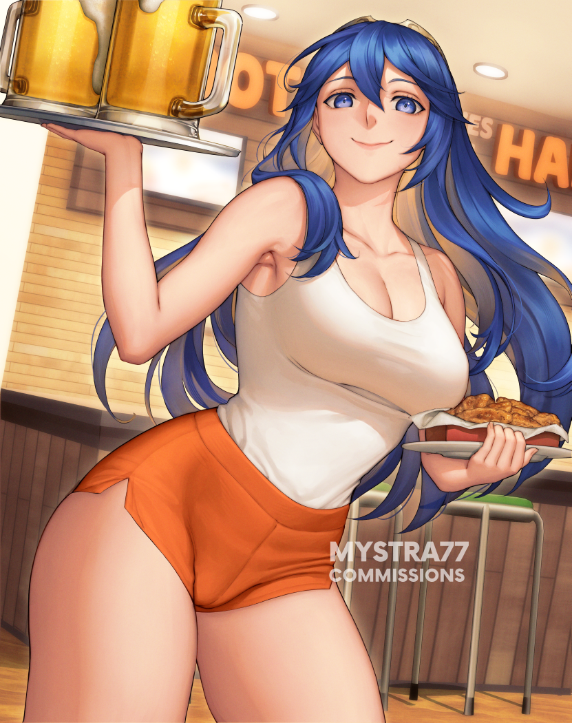 1girl alcohol alternate_costume armpit_crease artist_name bar_stool beer beer_mug blue_eyes blue_hair breasts chicken_wing collarbone commentary commission cup english_commentary fire_emblem fire_emblem_awakening holding holding_plate holding_tray hooters indoors long_hair looking_at_viewer lucina_(fire_emblem) medium_breasts mug mystra77 orange_shorts plate shirt_tucked_in short_shorts shorts solo stool tank_top thighs tray waitress white_tank_top