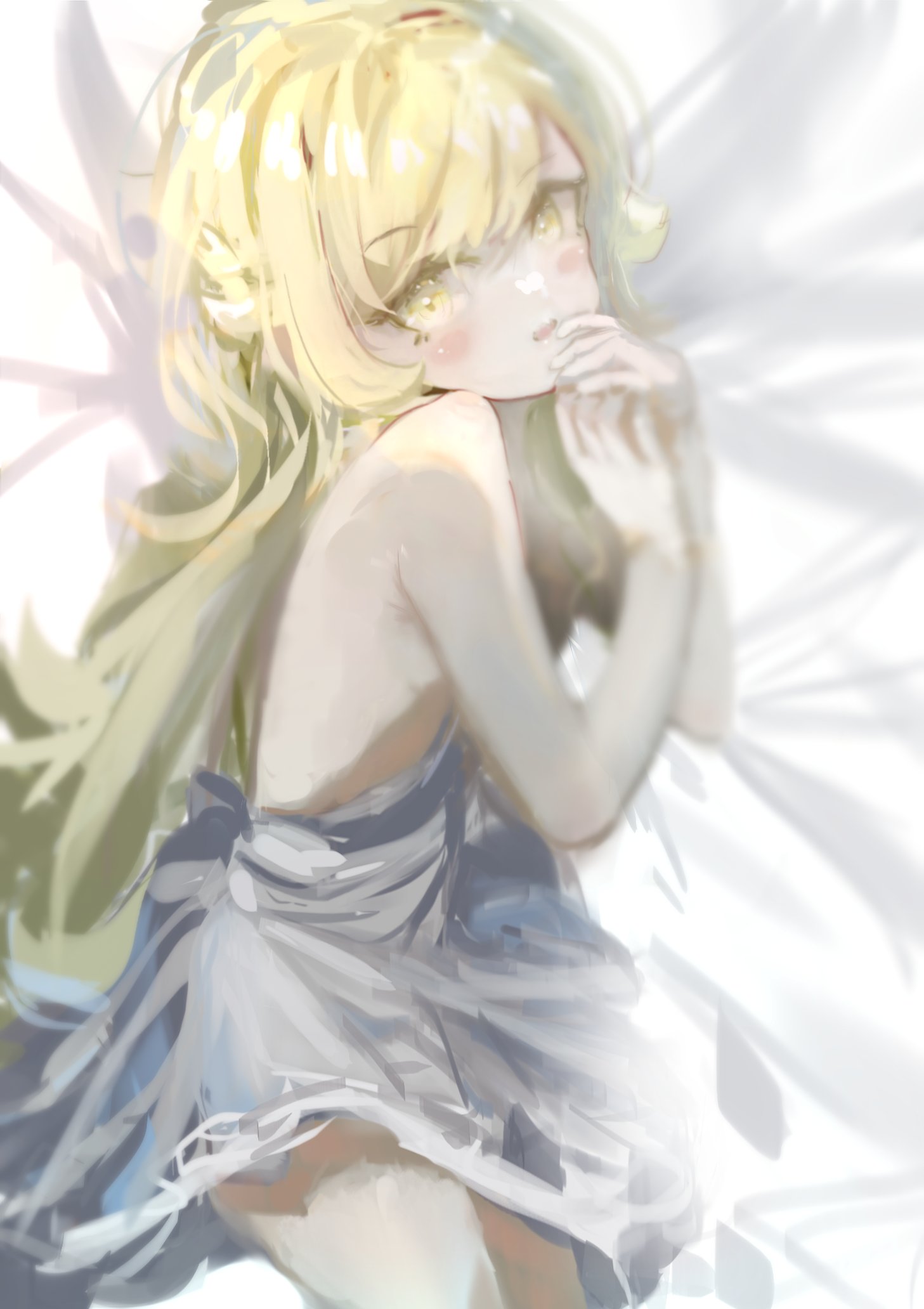 1girl armpit_crease blonde_hair blush dress flat_chest hands_on_own_face highres knees_out_of_frame long_eyelashes long_hair looking_at_viewer lying monogatari_(series) no_bra on_bed on_side open_mouth oshino_shinobu own_hands_together shinobusc2 shiny_skin solo swept_bangs yellow_eyes