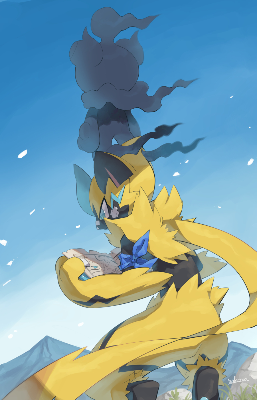 artist_name bandaid bandaid_on_face blue_eyes blue_sky commentary_request gradient_sky highres holding holding_map makoto_ikemu map marshadow mountain no_humans pokemon pokemon_(creature) sky snowing squatting yellow_fur zeraora