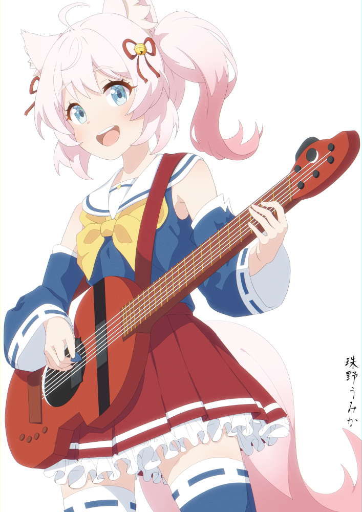 1girl :d ahoge animal_ear_fluff animal_ears bell blue_eyes blue_shirt blue_sleeves blue_thighhighs bow commentary_request commission detached_sleeves frilled_skirt frills hair_bell hair_ornament hair_ribbon holding holding_instrument howan_(show_by_rock!!) instrument instrument_request jingle_bell long_sleeves pink_hair pleated_skirt red_ribbon red_skirt ribbon ribbon-trimmed_legwear ribbon-trimmed_sleeves ribbon_trim sailor_collar shirt show_by_rock!! side_ponytail simple_background skeb_commission skirt sleeveless sleeveless_shirt smile solo tail tamano_umika thighhighs white_background white_sailor_collar wide_sleeves yellow_bow