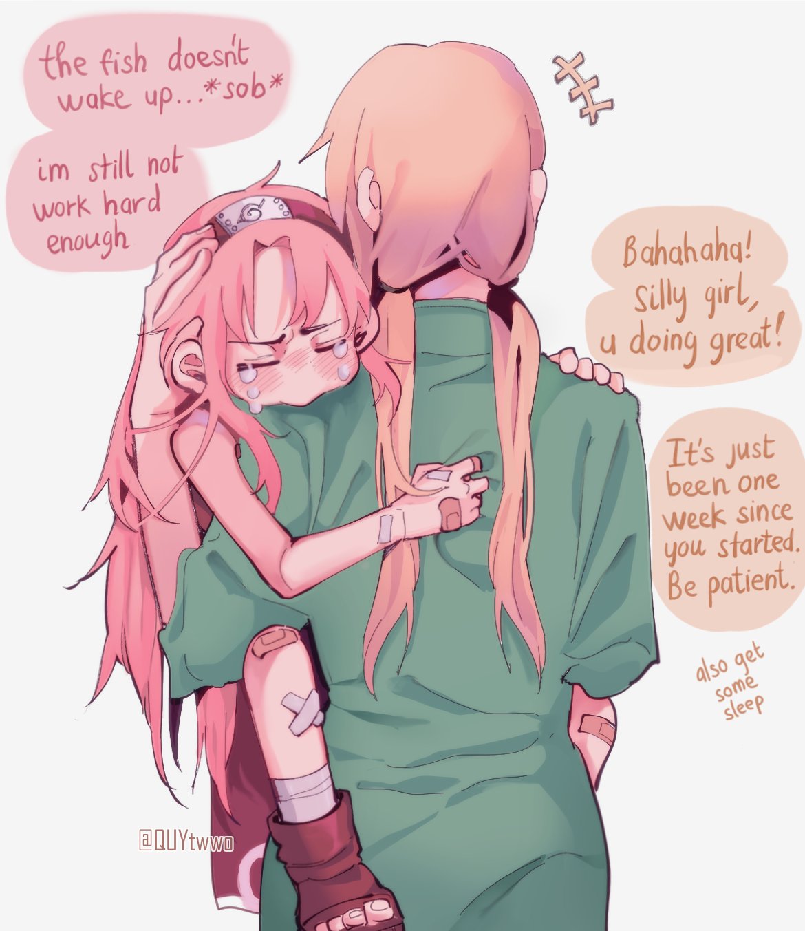 2girls bandaged_leg bandages bandaid bandaid_on_hand bandaid_on_leg bare_arms bare_shoulders blonde_hair blush carrying carrying_person child_carry closed_eyes comforting crying dress forehead_protector frustrated green_happi hand_on_another's_head happi haruno_sakura highres hug japanese_clothes konohagakure_symbol light_frown long_hair low_twintails mature_female messy_hair multiple_girls naruto naruto_(series) pout quytwwo red_dress sleeveless sleeveless_dress sobbing streaming_tears tears toeless_footwear tsunade_(naruto) twintails twitter_username very_long_hair