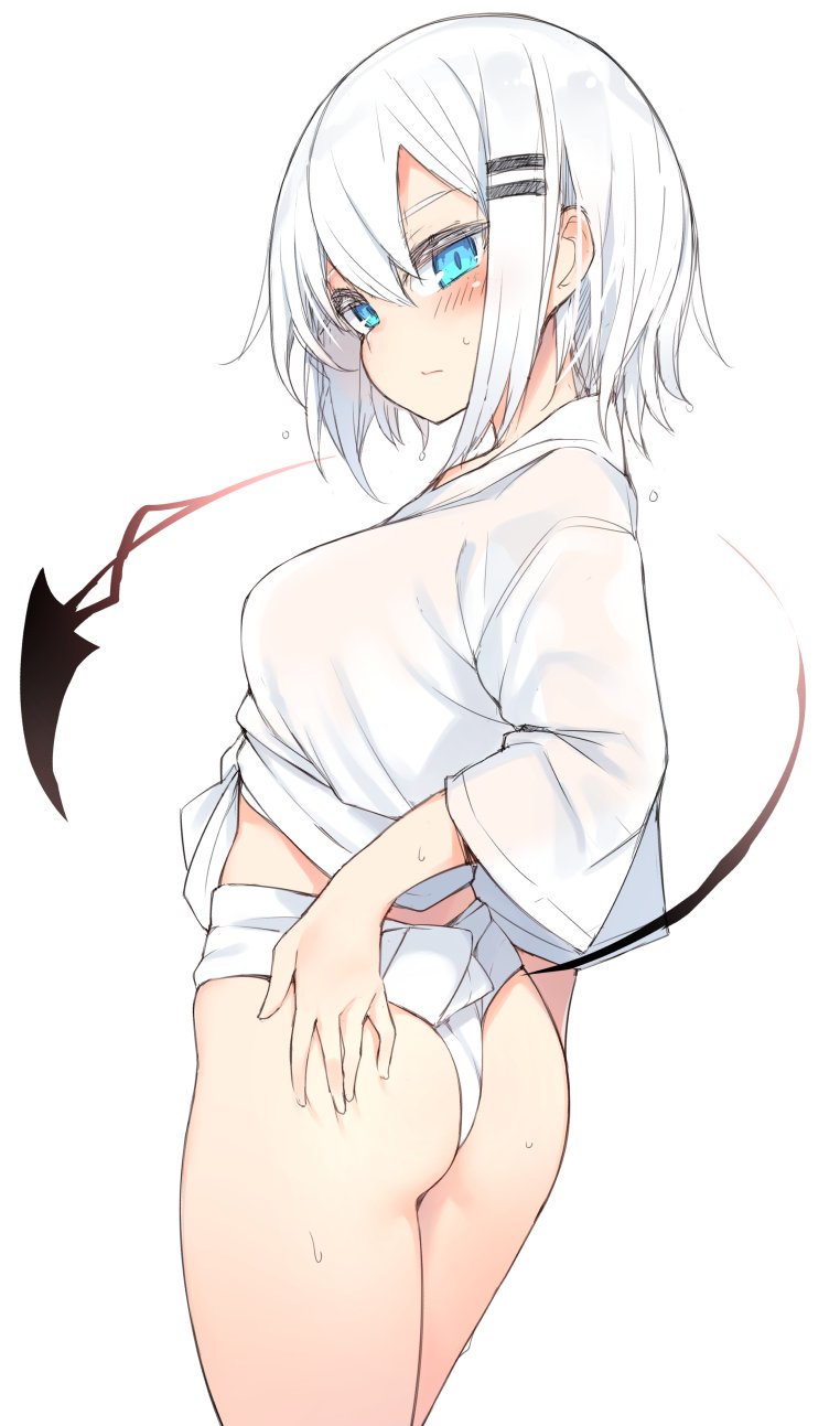 1girl ass bangs blue_eyes blush breasts closed_mouth demon_tail eyebrows_behind_hair from_behind hair_between_eyes hair_ornament hairclip hand_on_own_ass highres long_sleeves looking_at_viewer looking_back medium_breasts original otokuyou simple_background solo sweat tail white_background white_hair wide_sleeves