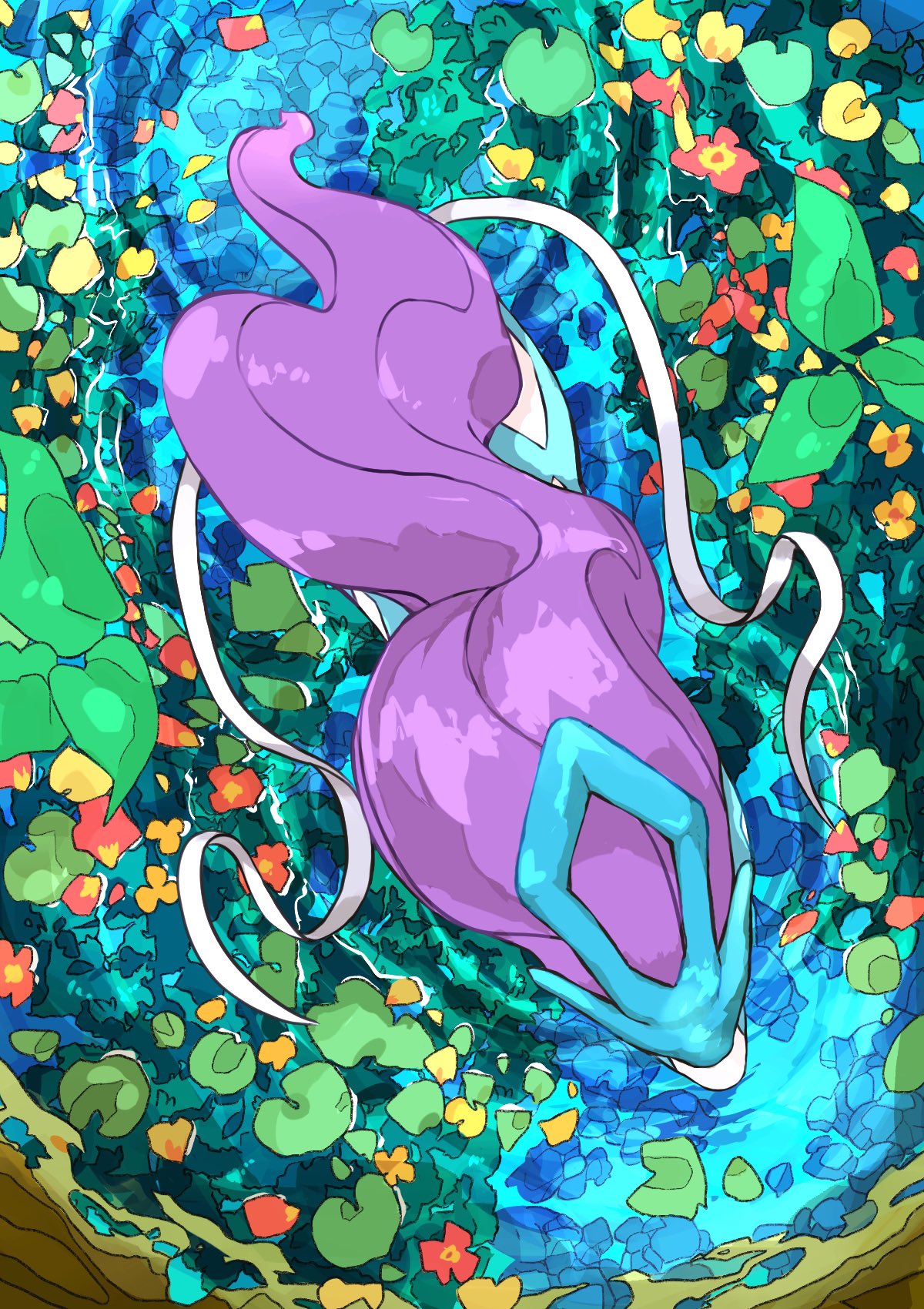 animal_focus aomon_(yuuji7604) blue_skin colored_skin commentary_request from_above highres lily_pad long_hair multicolored_skin no_humans pokemon pokemon_(creature) prehensile_ribbon purple_hair suicune two-tone_skin water white_skin