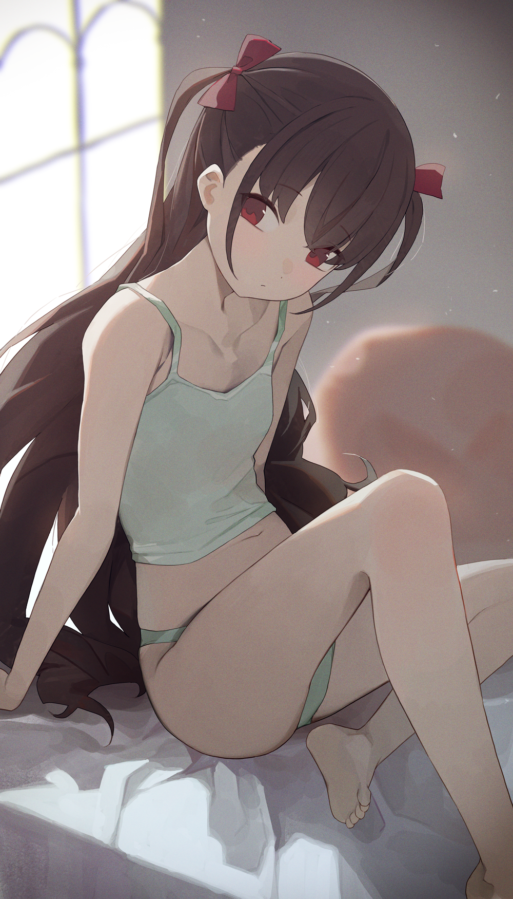 1girl barefoot breasts brown_hair camisole collarbone commentary green_camisole green_panties hair_ribbon highres hiroki_(yyqw7151) indoors long_hair looking_at_viewer original panties red_eyes red_ribbon ribbon sitting small_breasts soles solo toes underwear