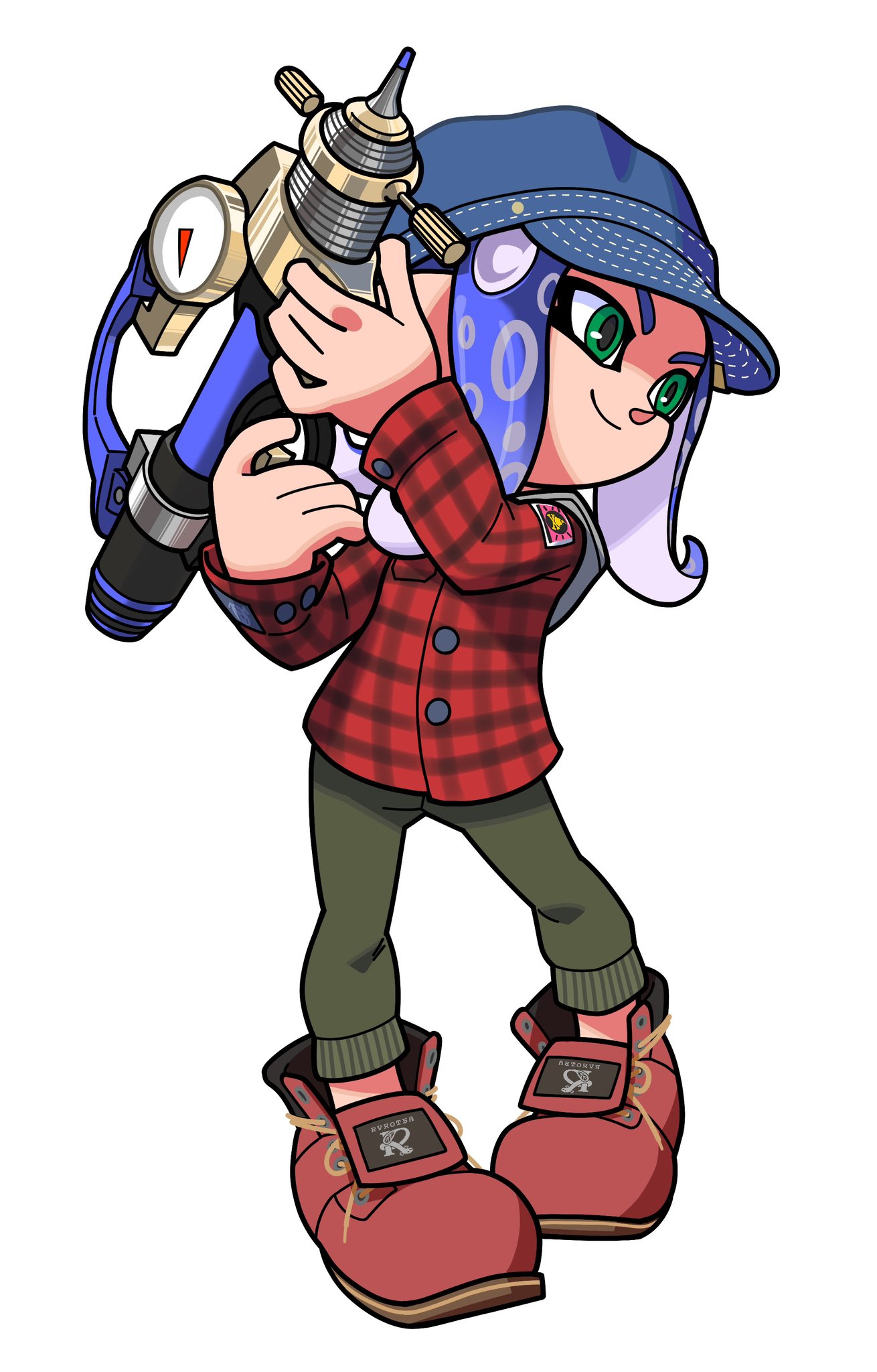 1boy blue_hair blue_headwear closed_mouth commentary_request green_eyes green_pants gun highres holding holding_gun holding_weapon medium_hair octoling_boy octoling_player_character pants plaid plaid_shirt red_footwear red_shirt shirt shoes simple_background smile solo splash-o-matic_(splatoon) splatoon_(series) splatoon_3 standing tentacle_hair upper_body weapon white_background xdies_ds