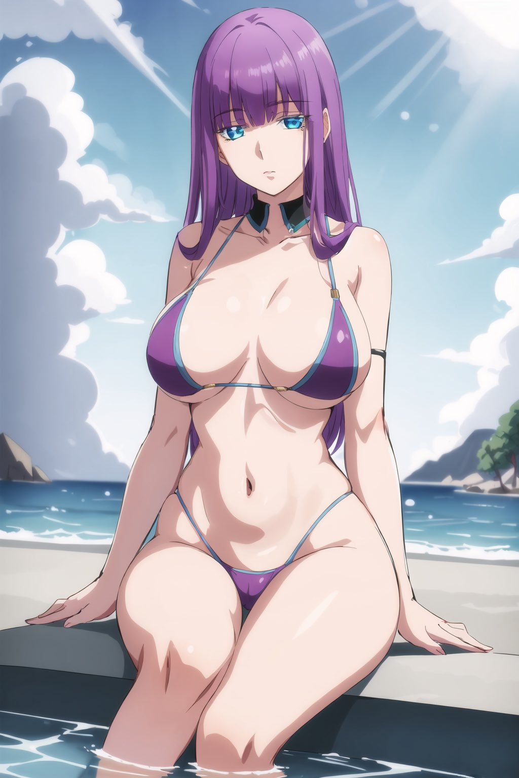 aqua_eyes artist_request beach bikini breasts highres large_breasts navel purple_bikini purple_hair shuumatsu_no_harem sitting stomach sun suou_mira swimsuit