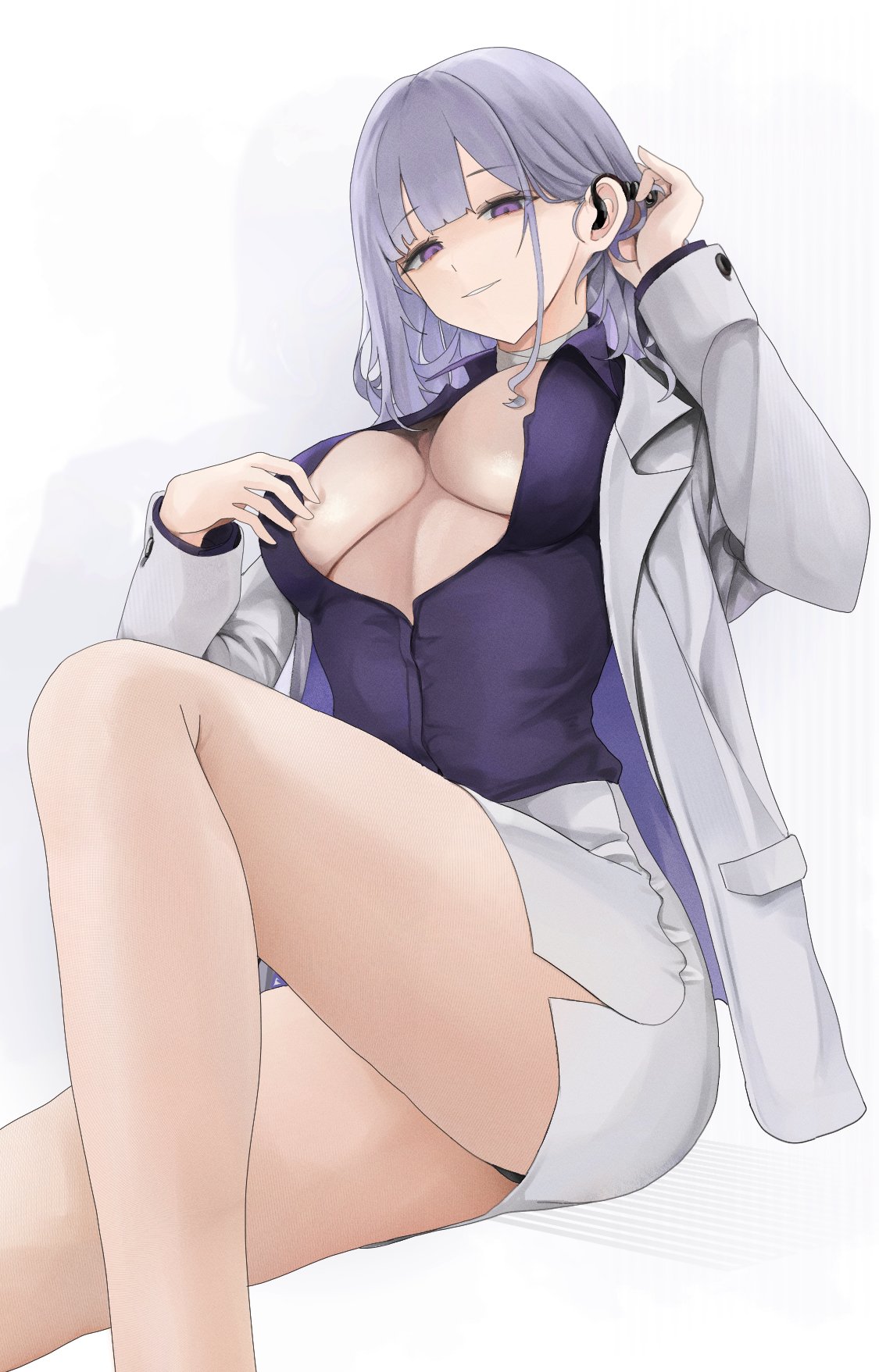 bandaged_neck bandages breasts business_suit earpiece feet_out_of_frame fte_(fifteen_199) girls'_frontline grey_hair grey_suit highres large_breasts no_bra open_clothes open_shirt panties pencil_skirt purple_eyes purple_shirt rpk-16_(girls'_frontline) shirt skirt suit underwear white_background
