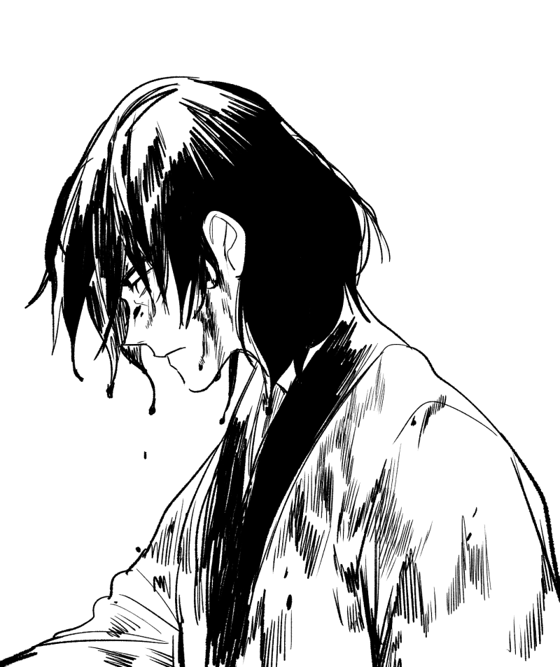 1boy blood blood_drop blood_in_hair blood_on_clothes blood_on_face closed_mouth halorane ishikawa_goemon_xiii japanese_clothes long_sleeves looking_down lupin_iii male_focus messy_hair monochrome profile short_hair simple_background solo upper_body