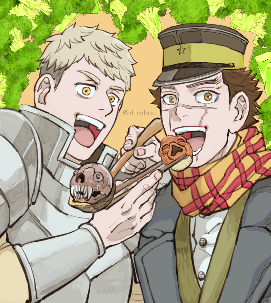 2boys armor black_headwear black_jacket broccoli brown_hair chopsticks crossover d_robou dungeon_meshi feeding fingernails flipped_hair golden_kamuy grey_hair hand_up hat hat_ornament holding holding_chopsticks jacket laios_thorden looking_at_viewer male_focus mandrake multiple_boys open_mouth orange_eyes otter pauldrons plate_armor scar scar_on_cheek scar_on_face scar_on_mouth scar_on_nose severed_head short_hair shoulder_armor spoon star_(symbol) star_hat_ornament sugimoto_saichi twitter_username undercut upper_body vambraces yellow_background yellow_eyes