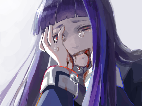 1girl bad_drawr_id bad_id blood blood_from_mouth blood_on_face blue_dress blunt_bangs crying crying_with_eyes_open dannoura_yuuki dress frederica_bernkastel grey_background hand_on_own_face long_hair long_sleeves looking_at_viewer oekaki pale_skin parted_lips red_eyes sidelocks solo tears umineko_no_naku_koro_ni