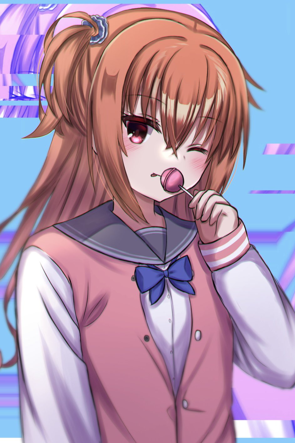 1girl :p ;) arm_at_side blue_background blue_bow blue_scrunchie blush bow candy closed_mouth commentary crossed_bangs digital_dissolve eyelashes food grey_sailor_collar hair_between_eyes hair_ornament hair_scrunchie hand_up highres holding holding_candy holding_food holding_lollipop inaba_meguru jacket letterman_jacket lollipop long_hair long_sleeves looking_at_viewer mahigu_re one_eye_closed one_side_up orange_hair pink_jacket red_eyes sailor_collar sanoba_witch school_uniform scrunchie simple_background smile solo tongue tongue_out tsurime upper_body wavy_hair white_sleeves