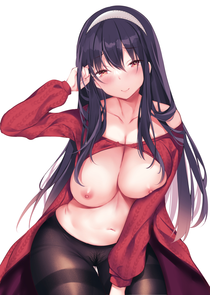 1girl backless_outfit bangs bare_shoulders black_hair black_pantyhose blush breast_press breasts cleavage closed_mouth collarbone cowboy_shot dress hairband hand_up large_breasts long_hair long_sleeves murasakio navel nipples no_bra no_panties off-shoulder_dress off-shoulder_sweater off_shoulder pantyhose pubic_hair red_dress red_eyes red_sweater scratching_head simple_background sitting smile solo spy_x_family sweater sweater_dress thigh_gap thighband_pantyhose wardrobe_error white_background yor_briar