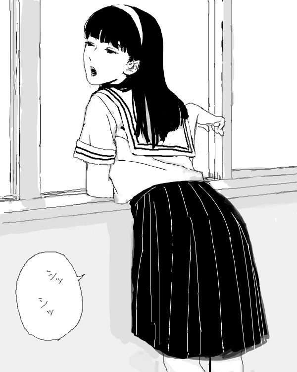 1girl arm_rest bad_drawr_id bad_id blunt_bangs cait greyscale hairband half-closed_eyes hand_up leaning_forward long_hair looking_to_the_side monochrome oekaki open_mouth original pleated_skirt sailor_collar school_uniform serafuku skirt solo speech_bubble teeth window windowsill