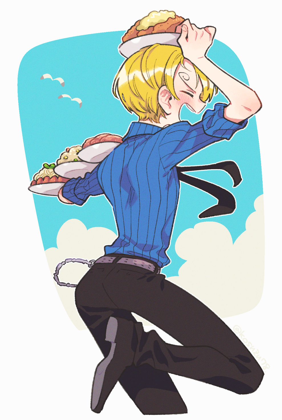 1boy arm_above_head ass belt bird black_necktie black_pants blonde_hair blue_sky blush closed_eyes cloud collared_shirt commentary cropped_legs curly_eyebrows food from_behind highres long_bangs male_focus meatball mitsubachi_koucha necktie one_piece open_mouth pants pasta plate sanji_(one_piece) seagull shirt short_hair simple_background sky smile spaghetti striped_clothes