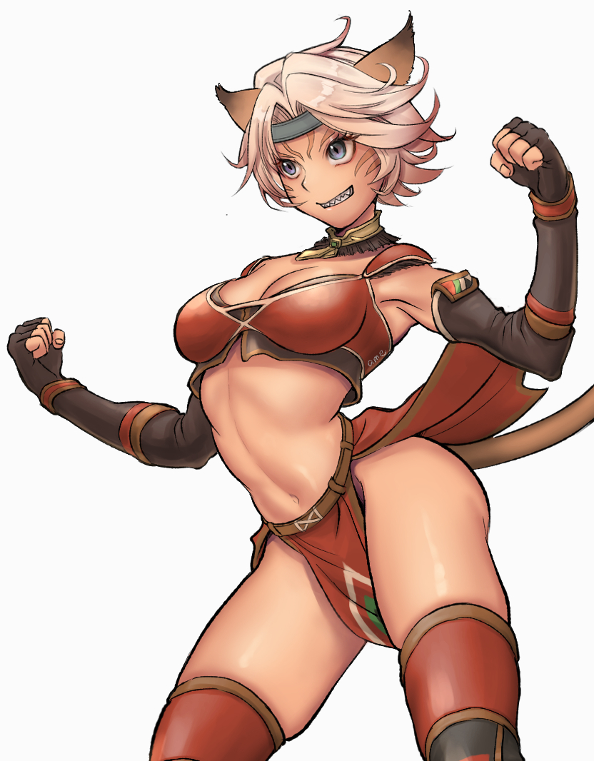 1girl adventurer_(ff11) animal_ears arched_back black_gloves blue_eyes blue_headband breasts brown_tail cactus41747280 cat_ears cat_girl cat_tail cleavage clenched_hands elbow_gloves facial_mark final_fantasy final_fantasy_xi fingerless_gloves fingernails gloves grey_hair grin hair_intakes hands_up headband legs_apart loincloth medium_breasts midriff mithra_(ff11) navel no_eyebrows sharp_teeth short_hair simple_background smile standing tail teeth thighs whisker_markings white_background