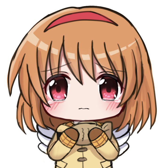 1girl angel_wings blush brown_hair brown_mittens chibi closed_mouth coat commentary crying crying_with_eyes_open fake_wings food hair_between_eyes hairband hands_up holding holding_food kanon long_sleeves looking_at_viewer mahigu_re medium_hair mittens red_eyes red_hairband sad simple_background solo straight-on taiyaki tareme tears tsukimiya_ayu upper_body wagashi wavy_mouth white_background wings yellow_coat