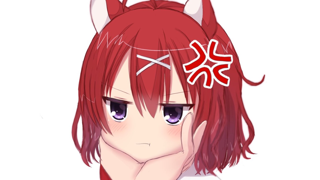 1girl :t ahoge amairo_islenauts anger_vein angry animal_ears blush close-up closed_mouth commentary hair_between_eyes hair_ornament hands_on_own_cheeks hands_on_own_face jitome looking_at_viewer mahigu_re masaki_gaillard medium_hair pout purple_eyes red_hair simple_background solo v-shaped_eyebrows white_background wolf_ears wolf_girl x_hair_ornament