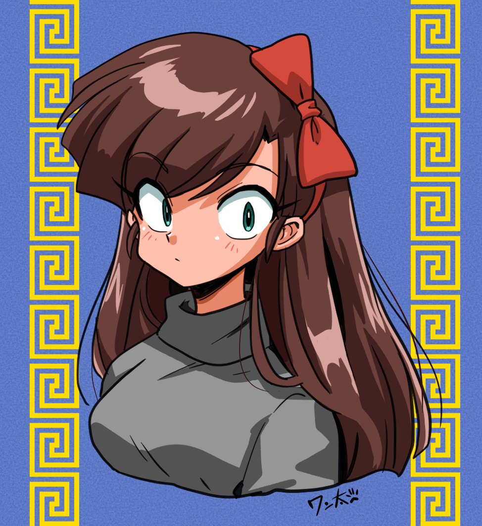 1girl blue_background bow breasts brown_hair cropped_torso green_eyes grey_sweater hair_bow kuonji_ukyou long_hair looking_at_viewer medium_breasts raised_eyebrows ranma_1/2 red_bow signature simple_background sweater wanta_(futoshi)