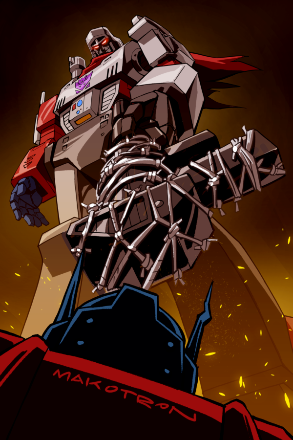 artist_name autobot barbed_wire decepticon embers english_commentary glowing glowing_eyes gun holding holding_gun holding_weapon looking_down makoto_ono mecha megatron open_hand optimus_prime parody red_eyes red_scarf robot scarf smile solo_focus the_walking_dead transformers transformers:_generation_1 weapon