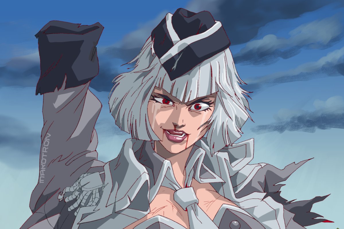 1girl artist_name black_headwear blood blood_from_mouth breasts cloud crazy_eyes floating_hair garrison_cap grey_hair grey_jacket grey_necktie grey_shirt hat jacket jacket_on_shoulders kotobukiya_bishoujo makoto_ono medium_breasts megatron megatron_(kotobukiya_bishoujo) necktie open_mouth portrait red_eyes shirt short_hair sky solo strapless strapless_shirt transformers transformers:_generation_1