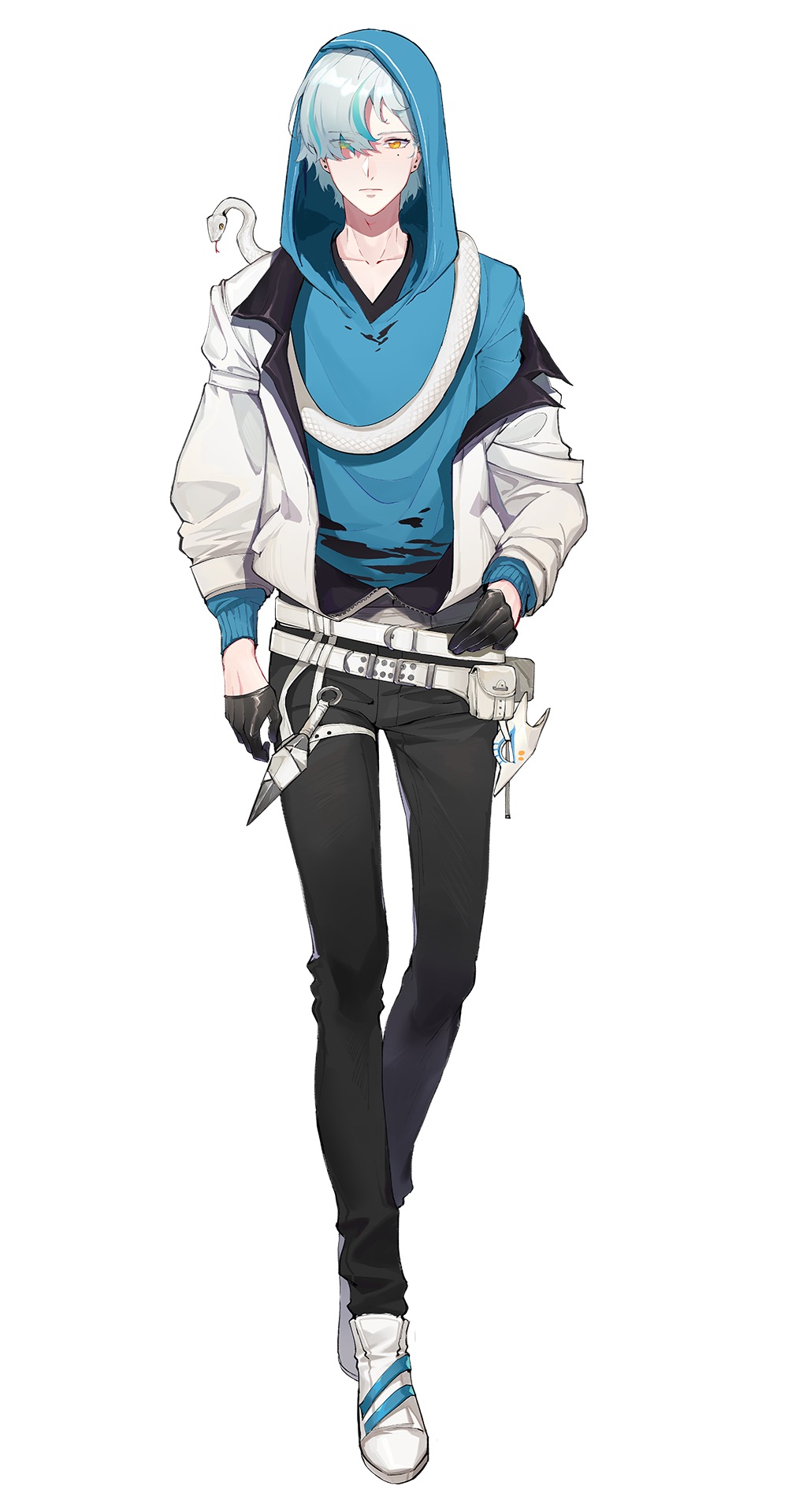 1boy anonymous_(nijisanji) belt black_gloves black_pants blue_hair chinese_commentary closed_mouth collarbone full_body gloves gradient_hair grey_hair hakuja_(virtuareal) half_gloves highres hood hood_up hooded_sweater jacket long_sleeves looking_at_viewer male_focus multicolored_hair nijisanji official_art open_clothes open_jacket orange_eyes pants snake solo standing streaked_hair sweater tachi-e virtual_youtuber virtuareal white_belt white_footwear white_jacket