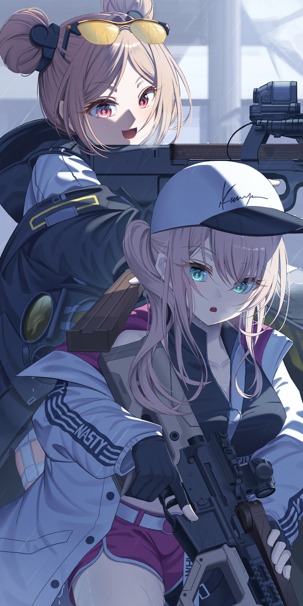 2girls angel_ina ar-57 ar-57_(girls'_frontline) bare_shoulders baseball_cap black_gloves bullpup collarbone commentary_request commission cowboy_shot double_bun eyewear_on_head fingerless_gloves girls'_frontline gloves gun hair_bun hat highres holding holding_gun holding_weapon jacket light_brown_hair long_hair multiple_girls open_clothes open_mouth p90 p90_(girls'_frontline) pink_hair pink_shorts pixiv_commission red_eyes shorts smile submachine_gun sunglasses tinted_eyewear weapon white_headwear white_jacket yellow-tinted_eyewear