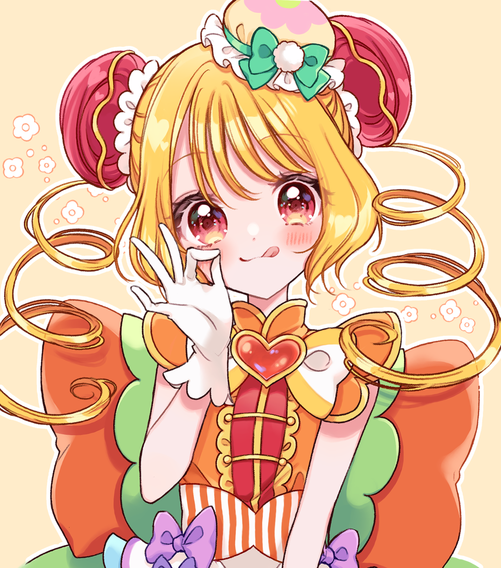 1girl ;q back_bow blonde_hair blush bow brooch bun_cover cure_yum-yum delicious_party_precure dot_nose drill_hair floral_background gloves hanamichi_ran hat heart heart_brooch jewelry kuzumochi large_bow long_hair looking_at_viewer magical_girl mini_hat money_gesture one_eye_closed orange_bow precure purple_bow red_eyes simple_background solo straight-on striped_bow tongue tongue_out twin_drills upper_body white_gloves yellow_background yellow_theme