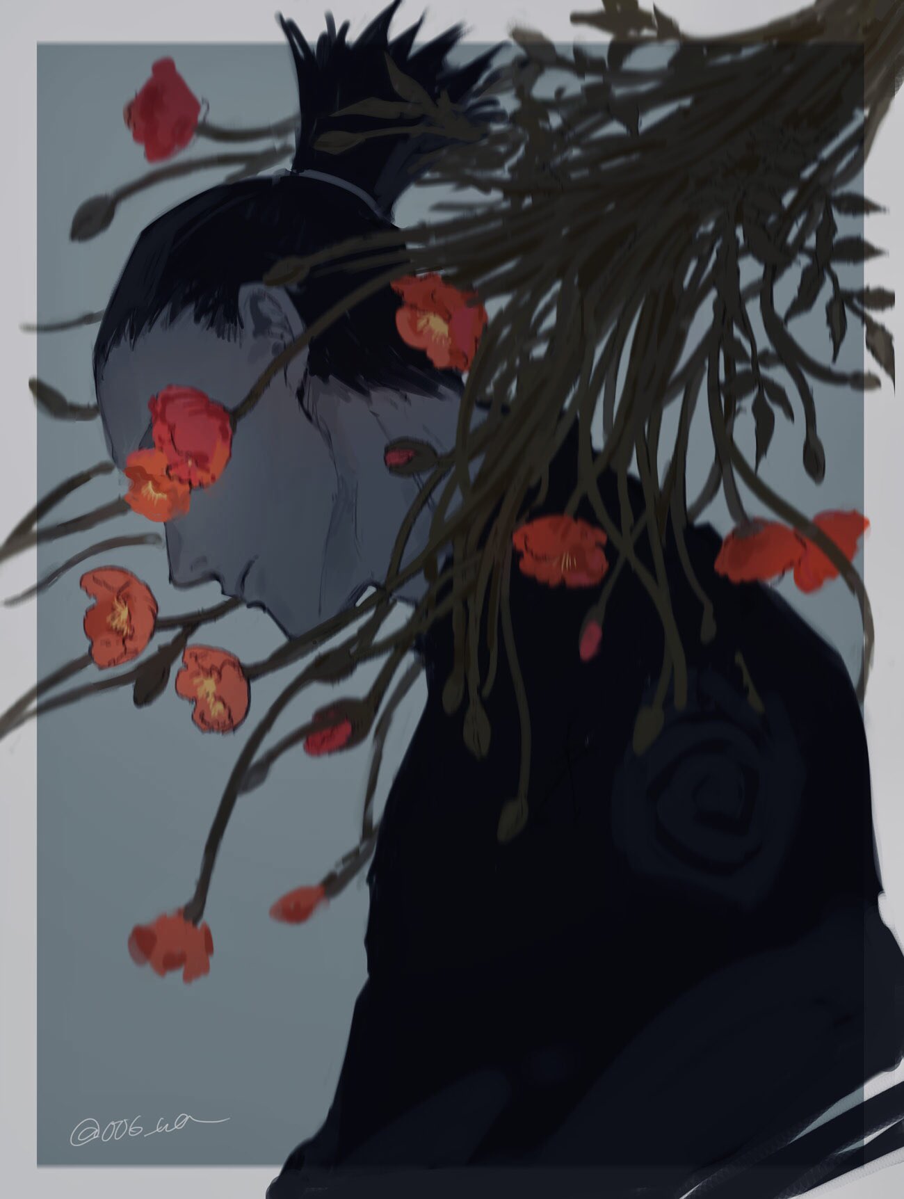 006_wa 1boy black_shirt blurry bouquet closed_mouth covered_eyes depth_of_field flower flower_over_eye from_side grey_background hair_pulled_back highres long_sleeves male_focus nara_shikamaru naruto_(series) naruto_shippuuden outside_border ponytail poppy_(flower) profile red_flower shirt simple_background solo twitter_username upper_body