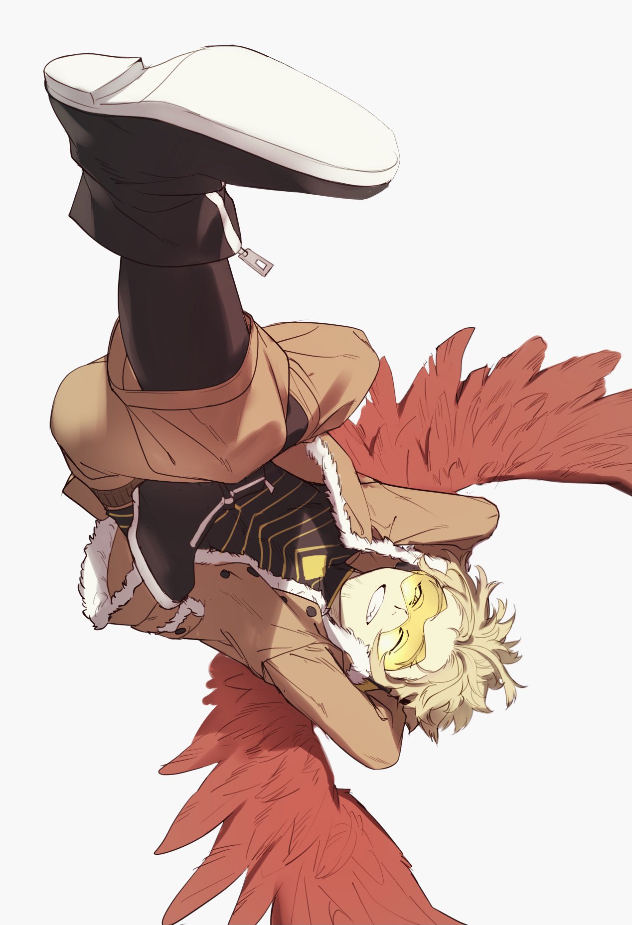 1boy black_footwear black_shirt blonde_hair boku_no_hero_academia boots brown_jacket brown_pants feathered_wings floating fur-trimmed_jacket fur_trim grin hawks_(boku_no_hero_academia) highres jacket long_sleeves male_focus pants pon52io red_wings shirt short_hair simple_background smile solo tinted_eyewear upside-down white_background wings yellow-tinted_eyewear