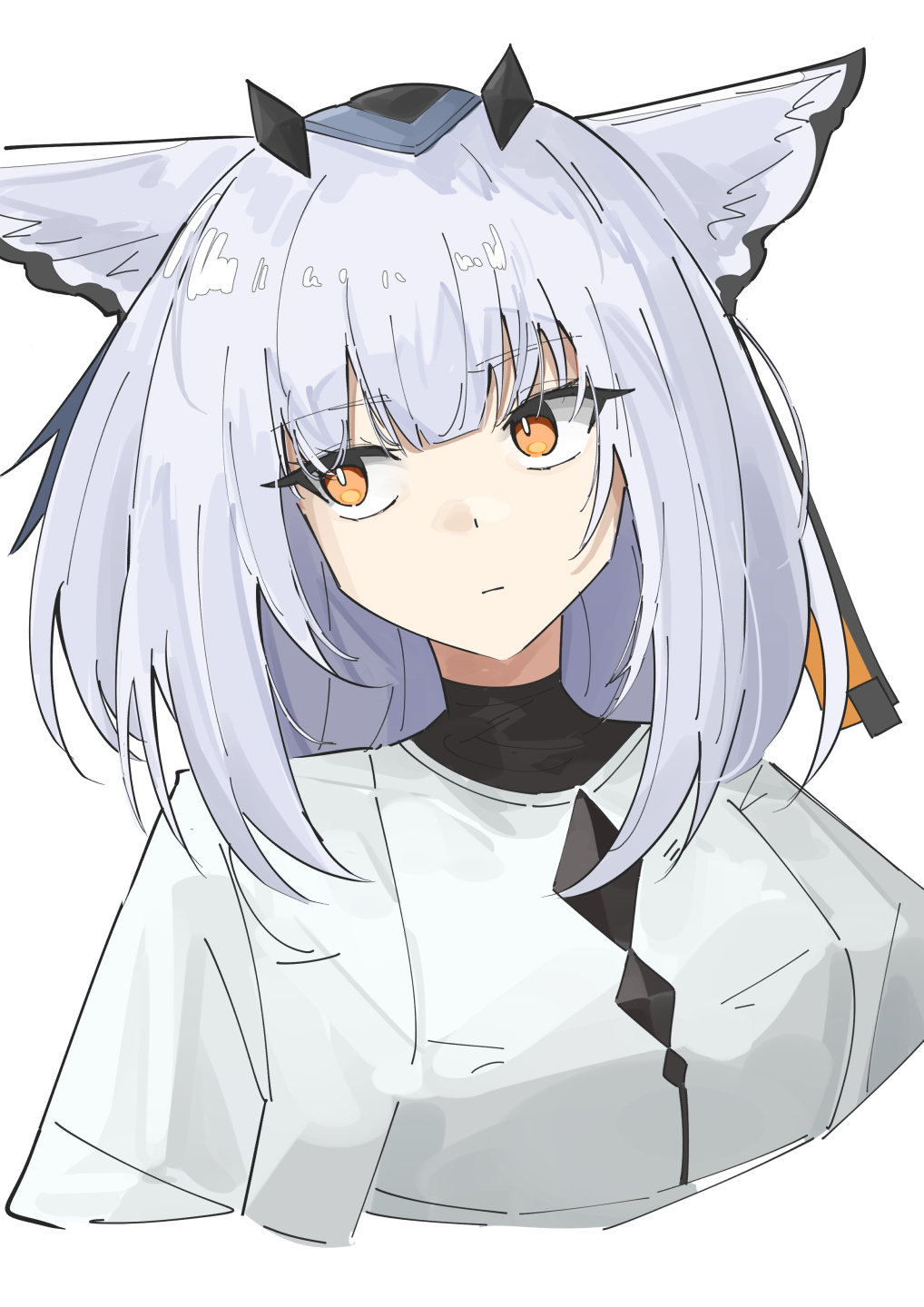 1girl animal_ears arknights armband breasts closed_mouth dress enunomiya expressionless eyebrows_hidden_by_hair feather_hair highres jacket long_hair long_sleeves looking_to_the_side medium_hair open_clothes orange_eyes owl_ears ptilopsis_(arknights) simple_background solo white_background white_dress white_hair