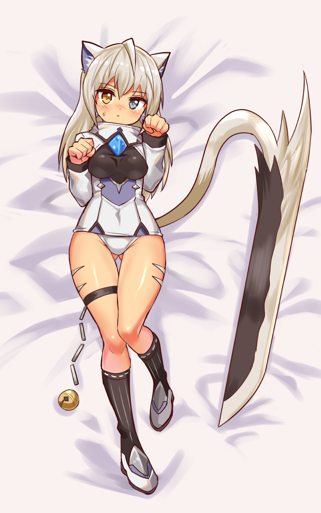 1girl animal_ears ass_visible_through_thighs bed_sheet bell black_socks blue_eyes body_markings cat_ears cat_girl cat_tail closed_mouth cougar_(cougar1404) dakimakura_(medium) from_above heterochromia jacket jingle_bell light_frown long_hair long_sleeves looking_at_viewer lying on_back on_bed original panties paw_pose shoes silui_(cougar1404) socks solo sweatdrop sword tail tan thigh_gap thigh_strap tiger_stripes underwear weapon white_footwear white_jacket white_panties yellow_eyes