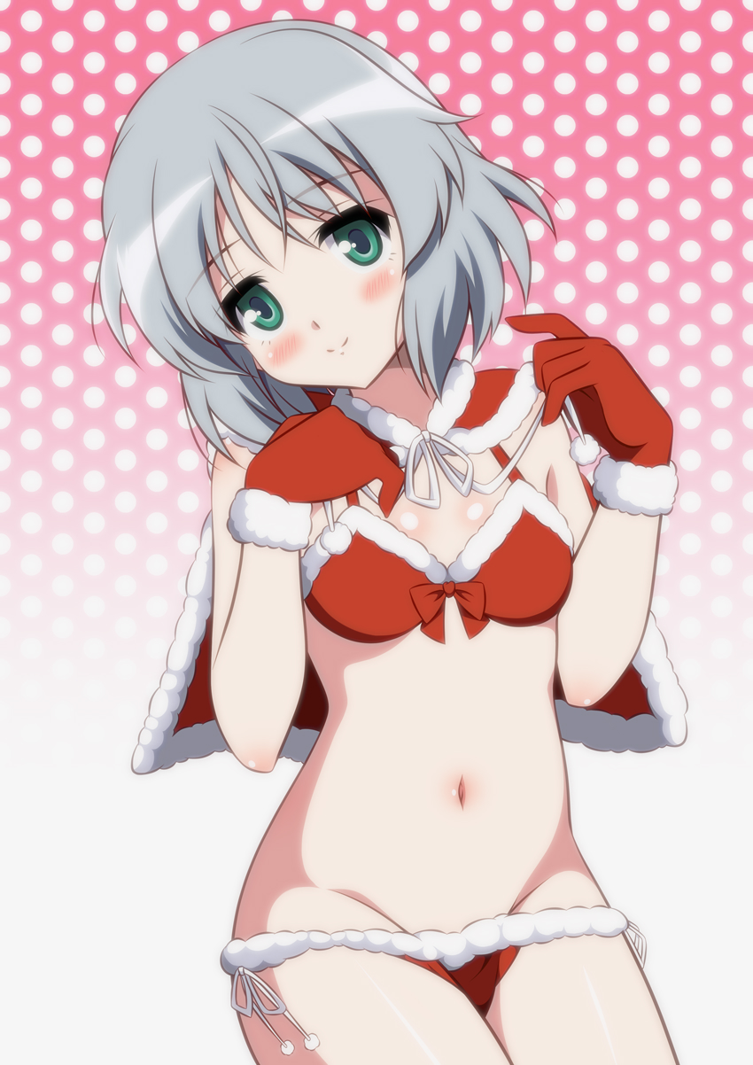 1girl bikini blush breasts capelet christmas commentary_request gloves gradient_background green_eyes grey_hair groin hat highres isa_(ni-iro) navel polka_dot polka_dot_background red_bikini red_capelet red_gloves santa_bikini santa_costume sanya_v._litvyak short_hair side-tie_bikini_bottom smile solo strike_witches swimsuit world_witches_series