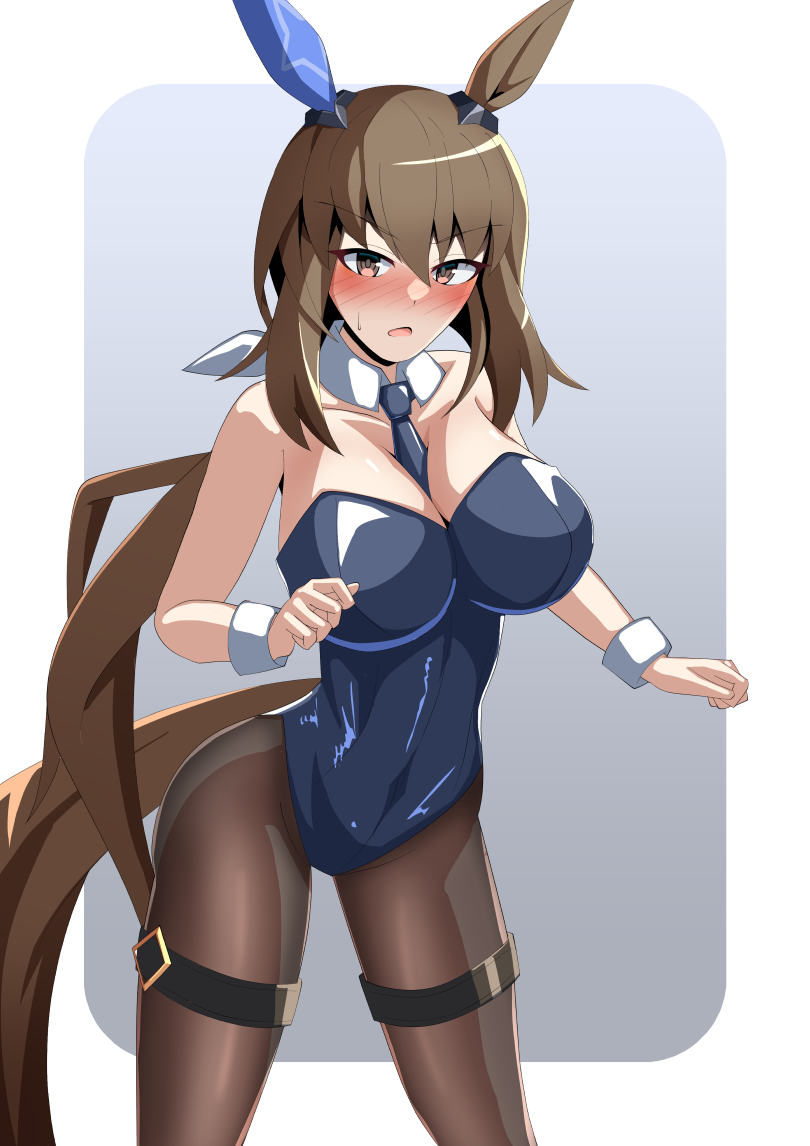1girl admire_vega_(umamusume) animal_ears bare_shoulders black_pantyhose blue_bow blue_bowtie blue_leotard bow bowtie breasts brown_hair cleavage commentary_request covered_navel detached_collar ear_covers fishnet_pantyhose fishnets gradient_background hands_on_own_hips horse_ears horse_girl horse_tail ishitsuma_canon leotard long_hair medium_breasts nontraditional_playboy_bunny open_mouth pantyhose ponytail simple_background single_ear_cover solo strapless strapless_leotard tail thigh_strap umamusume wrist_cuffs