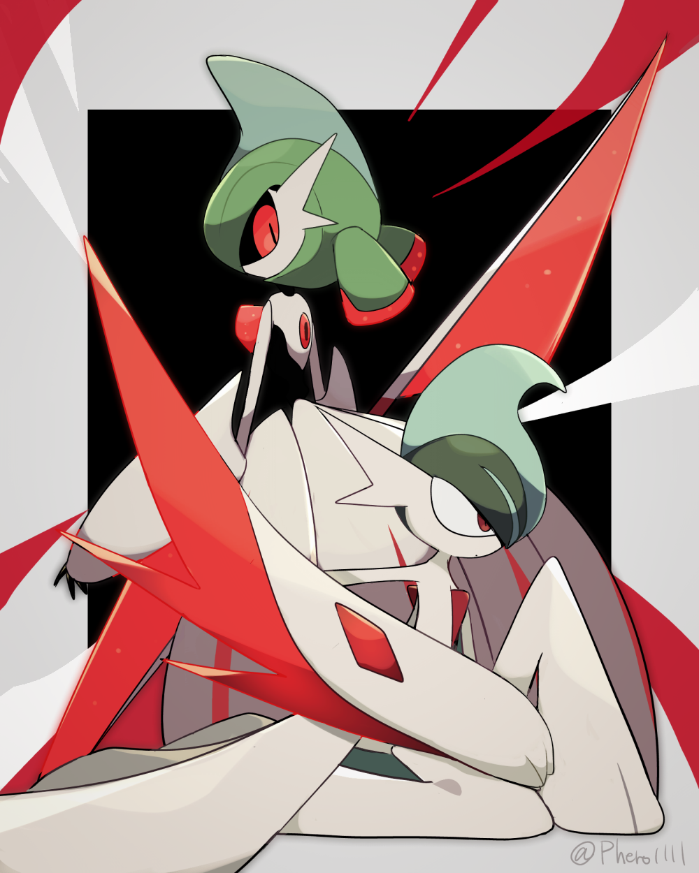 a-nya arm_blade artist_name colored_skin from_side gallade highres holding holding_weapon iron_valiant kneeling low_twintails mega_gallade pokemon pokemon_(creature) red_eyes robot twintails waist_cape weapon white_skin