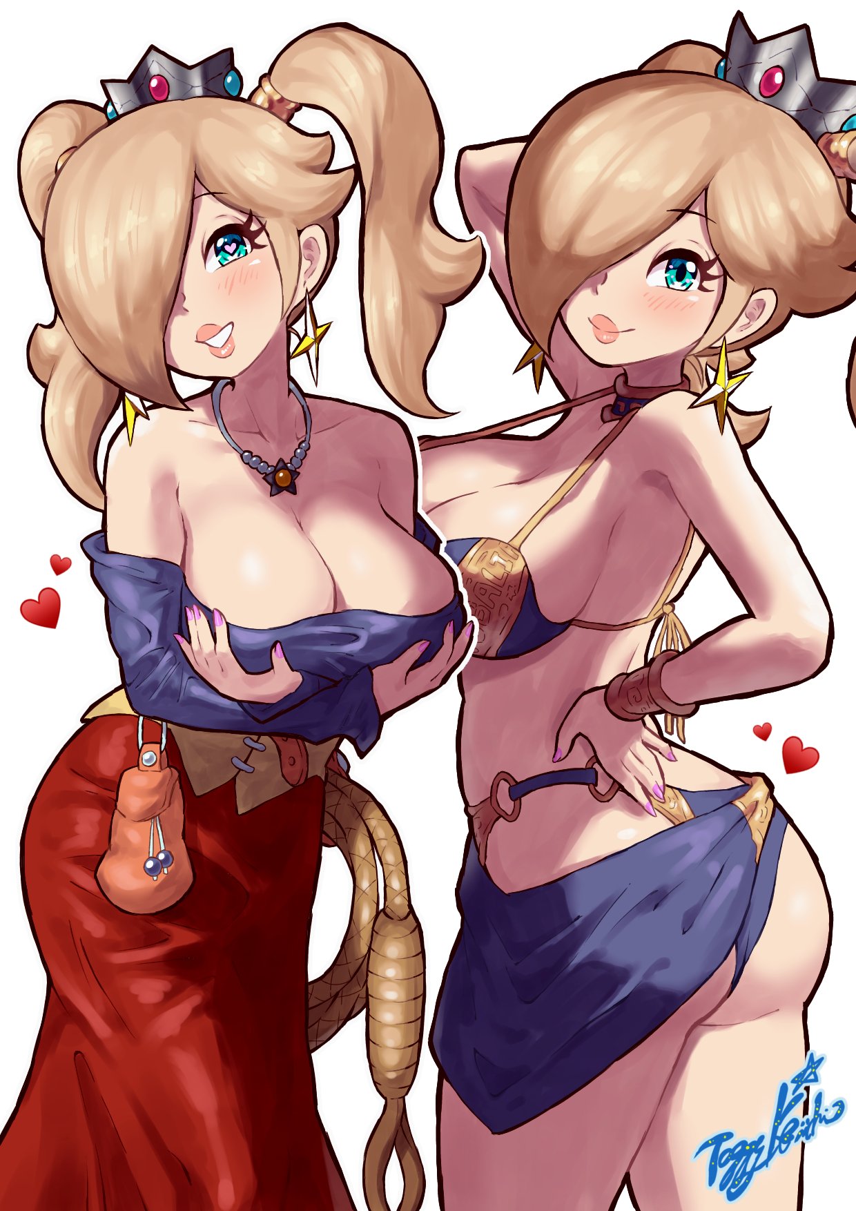 1girl arms_under_breasts bare_shoulders bikini blonde_hair blue_eyes blush breast_hold breasts cleavage cosplay crown dragon_quest dragon_quest_viii dress earrings hair_over_one_eye hand_on_own_hip heart heart-shaped_pupils highres jessica_albert jessica_albert_(cosplay) jewelry large_breasts long_sleeves mario_(series) multiple_views off-shoulder_shirt off_shoulder pendant red_skirt rosalina sarong shirt short_twintails signature skirt star_(symbol) star_earrings swimsuit symbol-shaped_pupils toggy_keiichi twintails whip