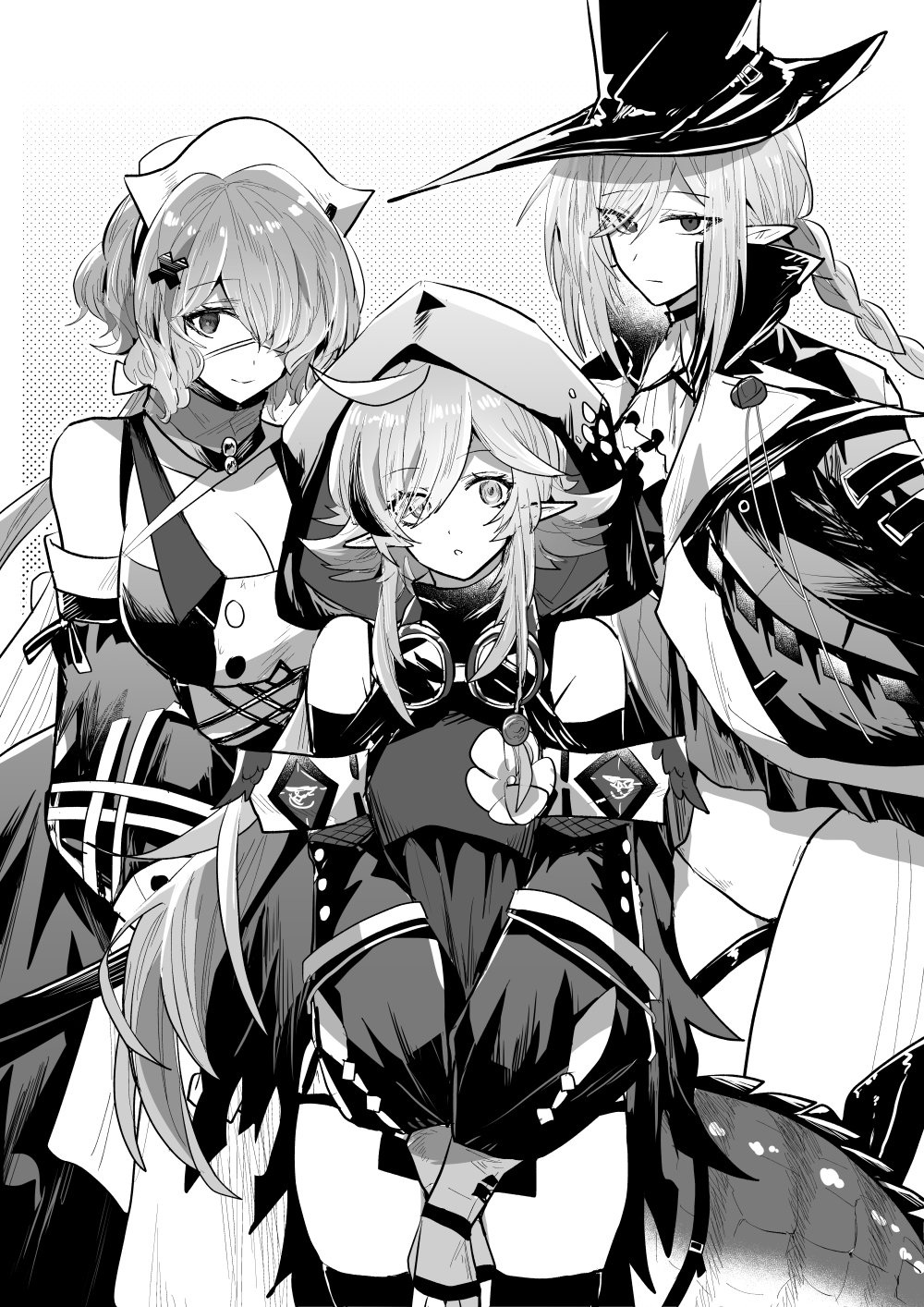 3girls :o ahoge arknights bare_shoulders braid breasts cleavage cowboy_shot crocodilian_tail detached_sleeves dotted_background dress expressionless flower_on_chest gladiia_(arknights) gloves goggles goggles_around_neck greyscale hair_ornament hair_over_one_eye hat high_collar highres hood hood_up iwashi_80 long_sleeves looking_at_viewer monochrome multiple_girls nurse_cap partially_fingerless_gloves pointy_ears pointy_hat ponytail short_hair_with_long_locks sidelocks simple_background smile swept_bangs tail thighhighs tomimi_(arknights) v_arms whisperain_(arknights) white_background x_hair_ornament