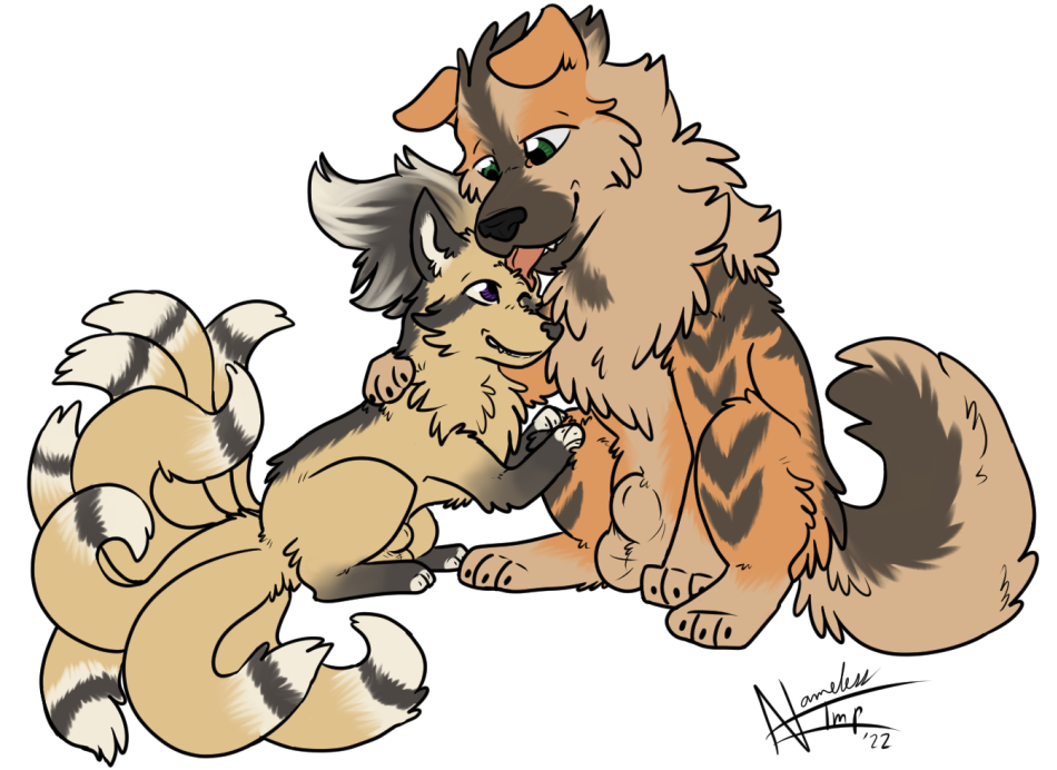animal_genitalia arcanine balls duo feral generation_1_pokemon genitals hug looking_at_another male namelessimp ninetales nintendo pokemon pokemon_(species) sheath sitting size_difference smile tongue tongue_out