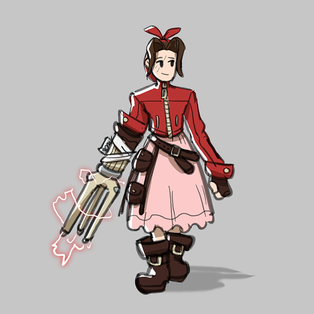 1girl aerith_gainsborough arm_mounted_weapon belt black_pupils brown_gloves brown_hair dress fingerless_gloves gloves grey_background pale_skin pink_dress pointy_hair pouch red_ribbon red_zipped_coat ribbon role_reversal sketchywindow solo_focus