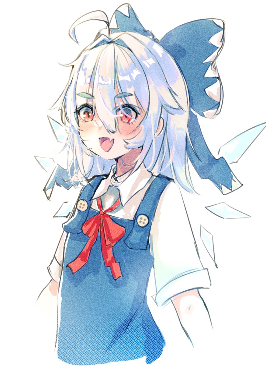 1girl :d ahoge blue_bow blue_dress blue_hair bow bowtie cirno commentary cropped_arms cropped_torso dress fang hair_bow highres ice ice_wings medium_hair open_mouth pinafore_dress red_bow red_bowtie red_eyes simple_background skin_fang sleeveless sleeveless_dress smile solo touhou white_background wings wwparasi