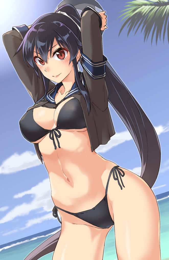 1girl abo_(hechouchou) arms_behind_head beach bikini black_bikini black_hair black_jacket blue_sailor_collar blue_sky blush breasts brown_eyes cloud cowboy_shot day front-tie_top horizon jacket kantai_collection large_breasts long_hair looking_at_viewer ocean outdoors ponytail sailor_collar scrunchie side-tie_bikini sidelocks sky solo swimsuit yahagi_(kancolle)