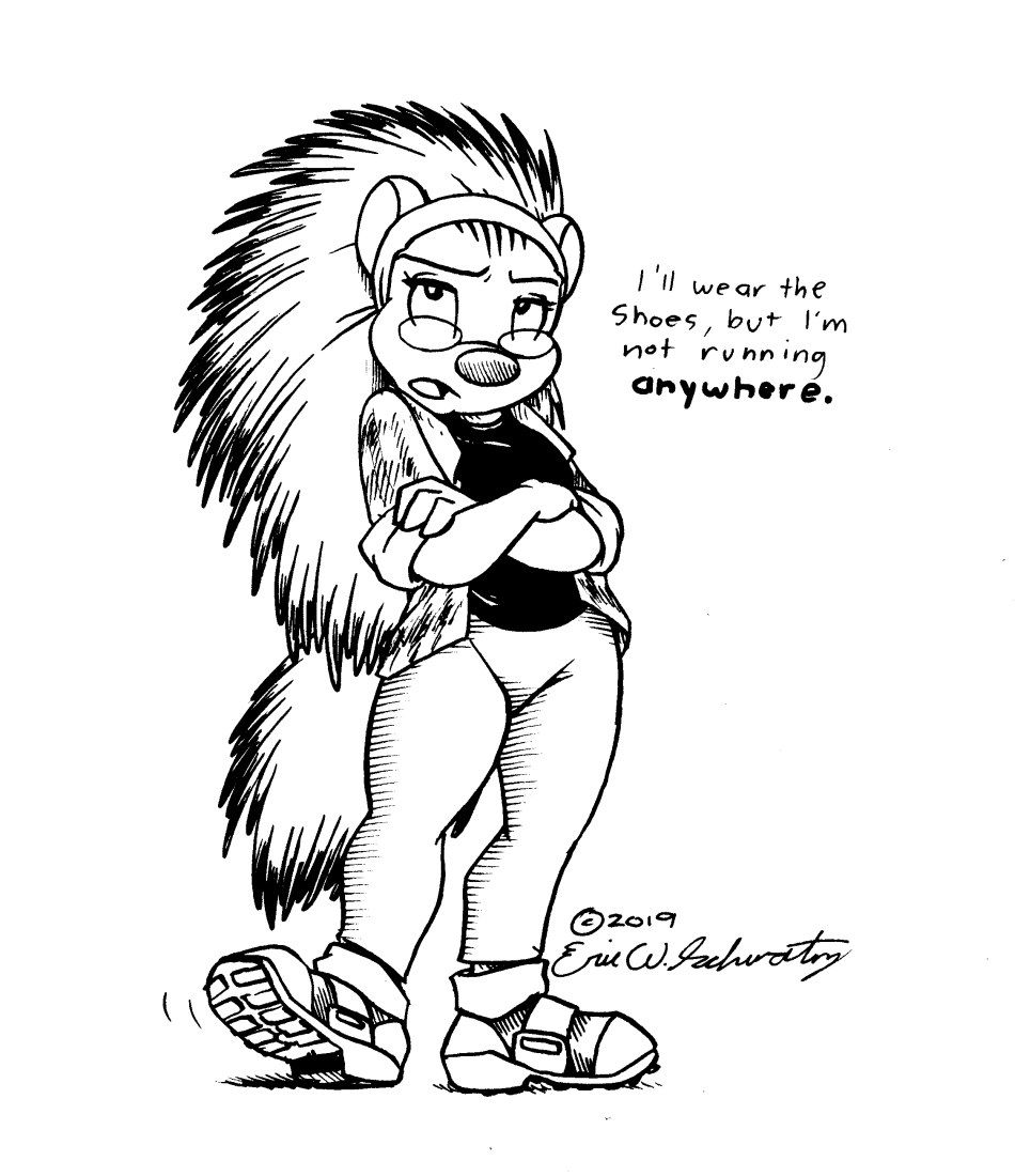 accessory anthro clothing crossed_arms eric_schwartz eyewear female footwear glasses headband holly_(ews) looking_at_viewer mammal open_mouth porcupine rodent shoes solo spikes thick_thighs wide_hips
