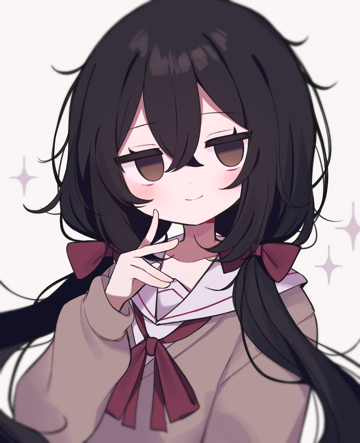 1girl bags_under_eyes black_hair blurry blurry_foreground bow brown_eyes brown_sweater clarevoir collarbone commentary empty_eyes eri_(clarevoir) false_smile finger_to_cheek hair_between_eyes hair_bow hand_up highres light_blush long_hair looking_to_the_side low_twintails messy_hair original red_bow red_ribbon ribbon sailor_collar sidelocks simple_background smile solo sparkle sweater twintails white_background white_sailor_collar