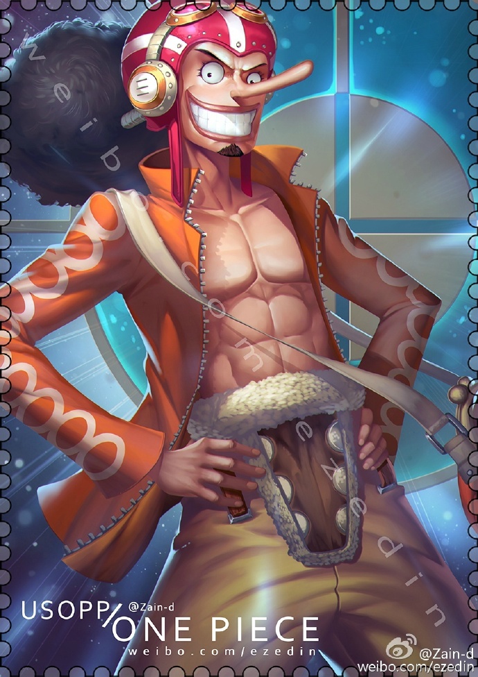 1boy abs artist_name black_eyes black_hair character_name clenched_teeth commentary curly_hair earmuffs facial_hair goatee goggles goggles_on_headwear hands_on_own_hips hat long_hair long_nose male_focus one_piece open_clothes smile solo teeth usopp web_address weibo_logo weibo_username zhang_ding