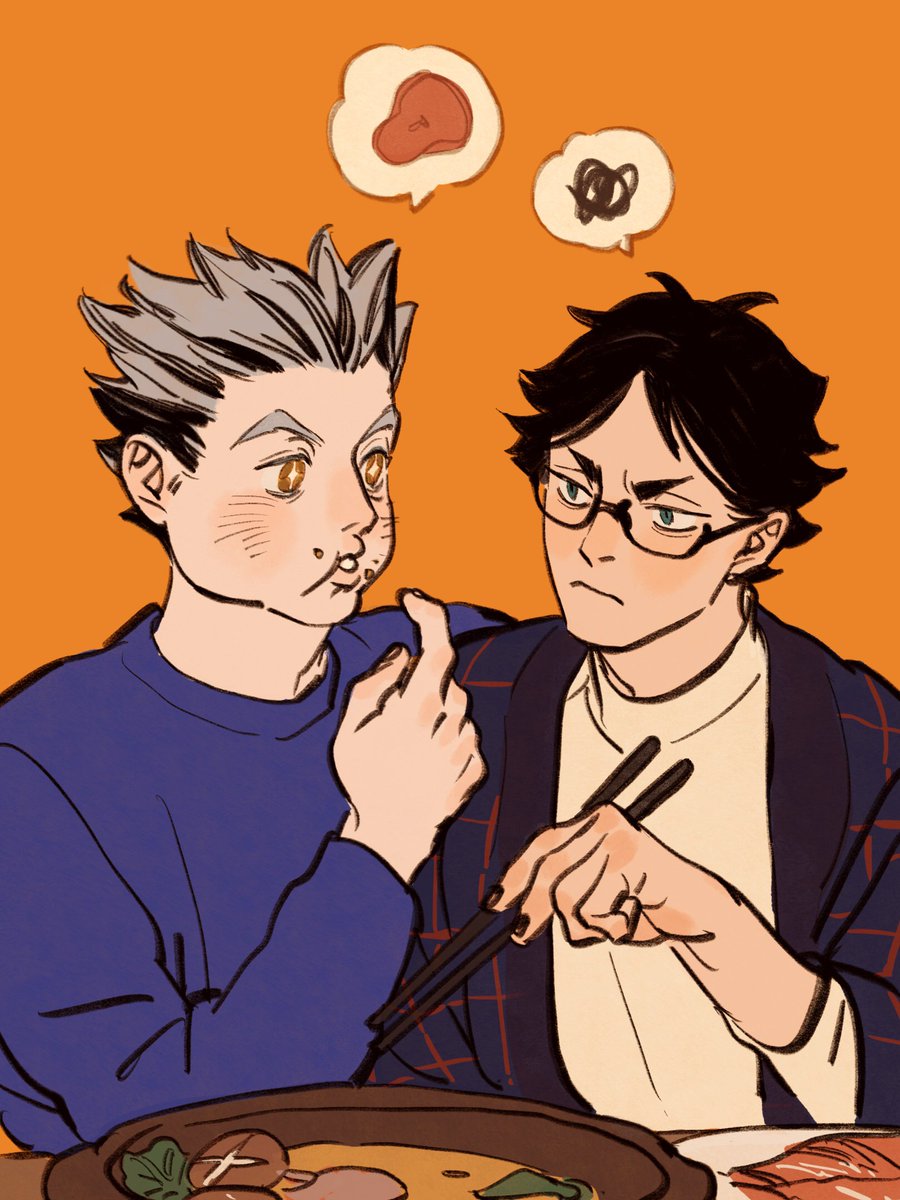 +_+ 2boys :i akaashi_keiji black_hair blue_sweater bokuto_koutarou brown_hair chengongzi123 chopsticks closed_mouth commentary_request eating food glasses green_eyes grey_hair haikyuu!! hand_up highres holding holding_chopsticks long_sleeves looking_at_another male_focus multicolored_hair multiple_boys open_mouth orange_background scribble short_hair simple_background speech_bubble spoken_food streaked_hair sweater thick_eyebrows upper_body very_short_hair