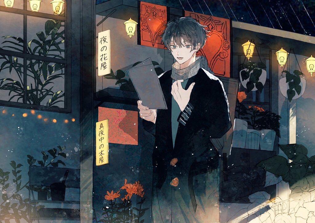 1boy black_hair black_jacket coat flower grey_eyes grey_scarf holding holding_paper jacket lantern long_sleeves looking_at_viewer male_focus night open_mouth original outdoors paper paper_lantern plant potted_plant red_flower scarf shirt short_hair smile solo somaz standing