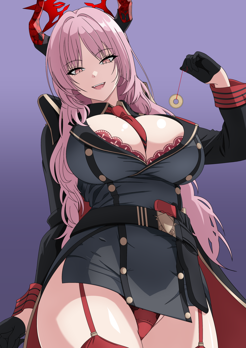 1girl arm_behind_back belt between_breasts black_belt black_coat black_gloves black_horns black_jacket black_skirt blue_archive bra bra_peek breasts coat coin coin_on_string commentary_request demon_horns garter_straps gloves half_gloves halo hand_up highres holding holed_coin horns jacket large_breasts long_hair long_sleeves looking_at_viewer makiri_akira military_jacket miniskirt mole mole_on_breast multicolored_horns necktie necktie_between_breasts open_mouth paid_reward_available panties pink_eyes pink_hair purple_background red_bra red_halo red_horns red_necktie red_panties red_thighhighs red_wrist_cuffs satsuki_(blue_archive) skirt smile solo teeth thighhighs two-tone_horns underwear upper_teeth_only very_long_hair wrist_cuffs