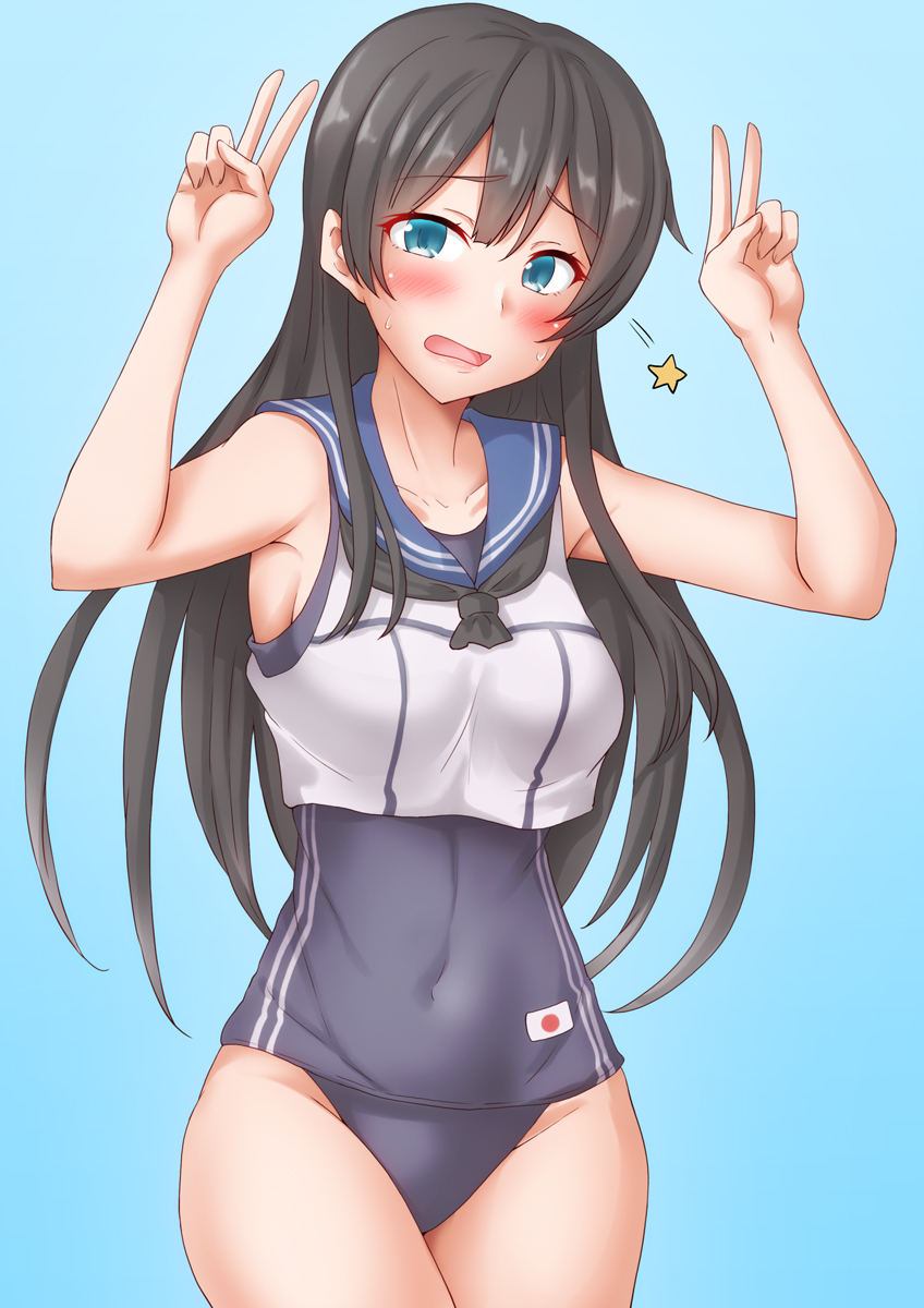 1girl agano_(kancolle) anti_(untea9) aqua_background black_hair blush breasts cosplay crop_top double_v embarrassed green_eyes hair_ornament highres kantai_collection long_hair looking_at_viewer medium_breasts old_school_swimsuit one-piece_swimsuit open_mouth ro-500_(kancolle) ro-500_(kancolle)_(cosplay) sailor_collar school_swimsuit solo swimsuit swimsuit_under_clothes v