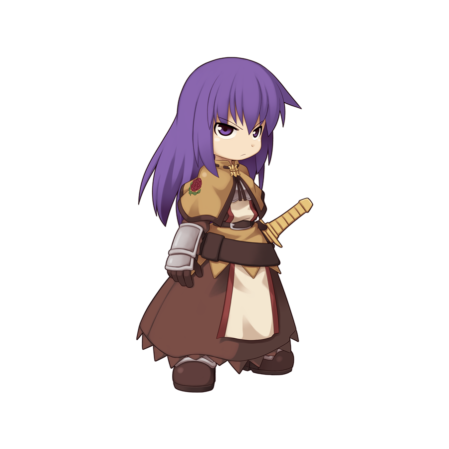 1girl brown_dress chest_guard chibi closed_mouth dress fighting_stance floral_print frilled_dress frills frown full_body gauntlets holding holding_sword holding_weapon long_hair medium_bangs official_art purple_eyes purple_hair ragnarok_online ready_to_draw rose_print sidelocks simple_background solo standing sword swordsman_(ragnarok_online) tachi-e transparent_background v-shaped_eyebrows weapon yuichirou