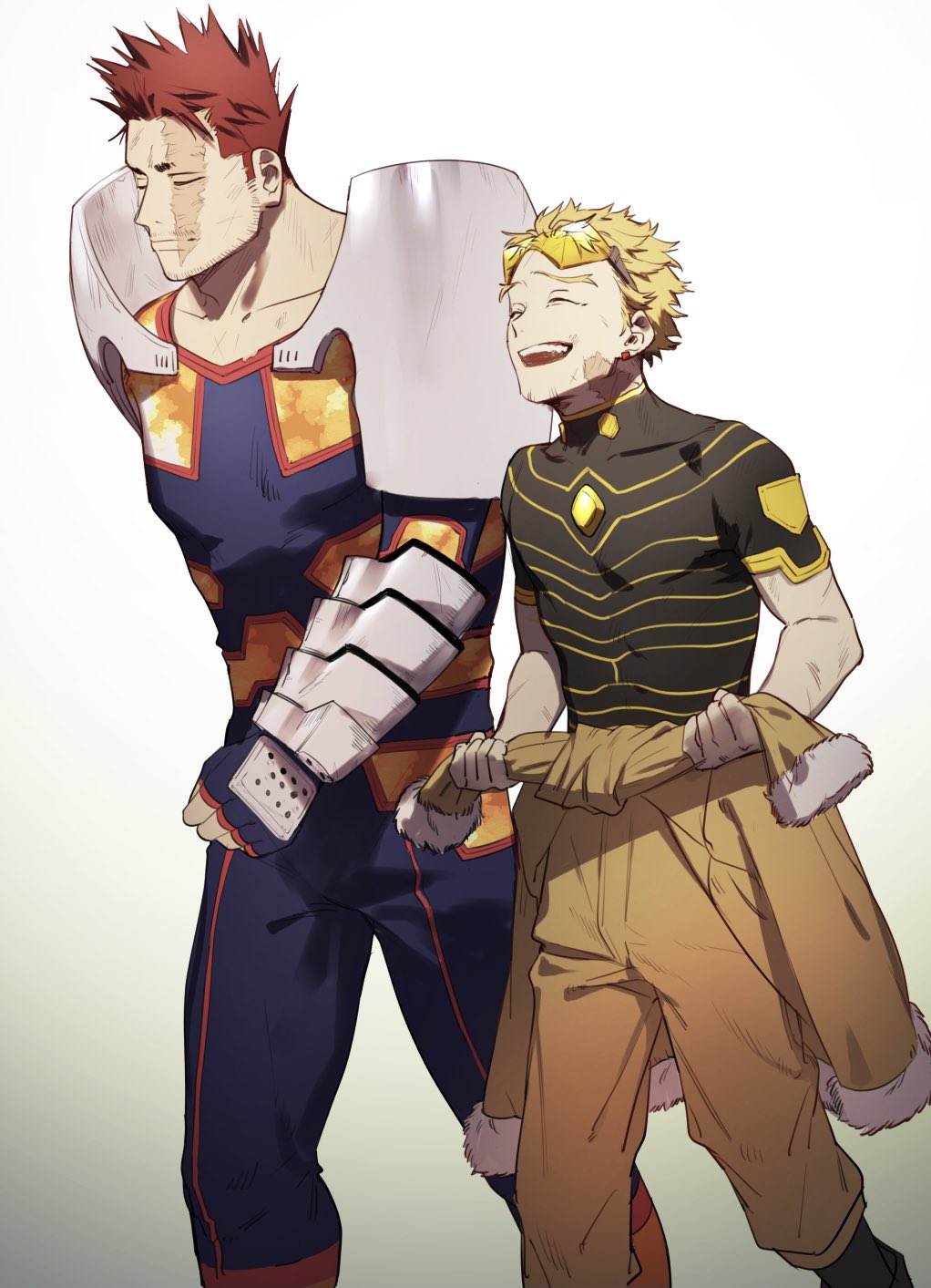 2boys armor black_footwear black_shirt blonde_hair blue_bodysuit bodysuit boku_no_hero_academia brown_pants closed_eyes closed_mouth clothes_around_waist collarbone endeavor_(boku_no_hero_academia) eyewear_on_head fingerless_gloves fur-trimmed_jacket fur_trim gloves hawks_(boku_no_hero_academia) highres jacket jacket_around_waist male_focus multiple_boys open_mouth pants pon52io red_hair scar scar_on_face shirt sideburns tinted_eyewear yellow-tinted_eyewear