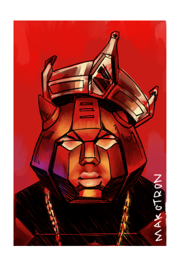 artist_name border bumblebee_(transformers) chain crown fusion gold_chain looking_at_viewer makoto_ono mecha monochrome notorious_b.i.g. parody portrait pun real_life red_background robot solo transformers transformers:_generation_1 white_border